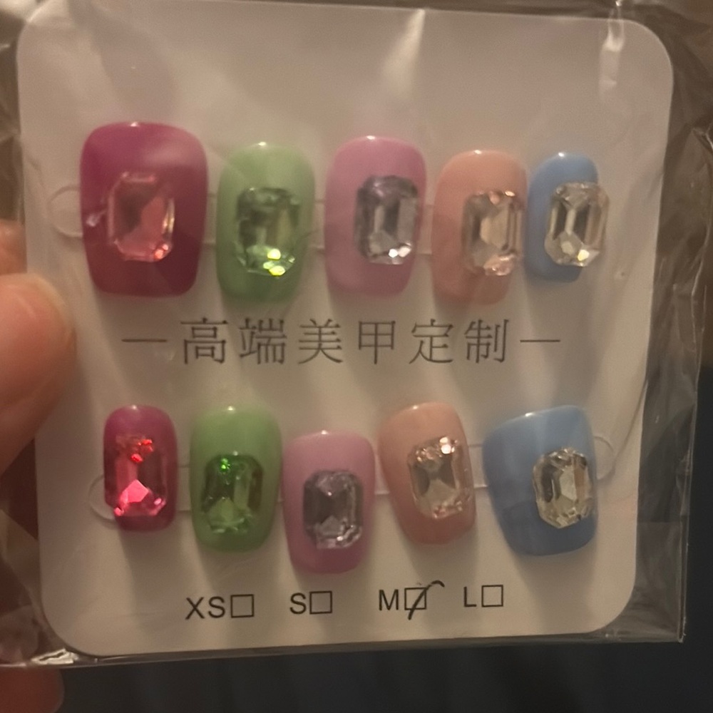 Colorful Press-On Nails with Gem Accents